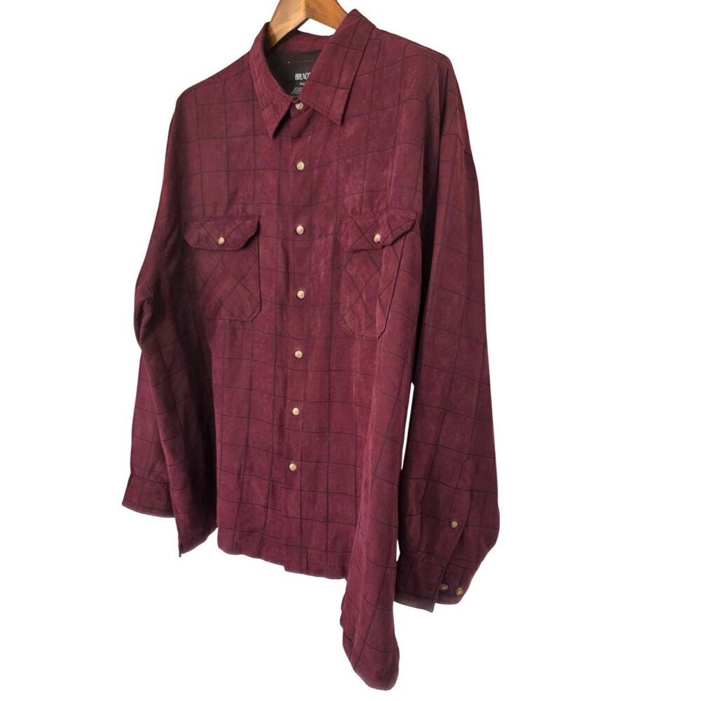 Bruno Faux Suede Button Up Shiirt Mens 3XLB Burgundy Plaid Long Slv Casual Wear